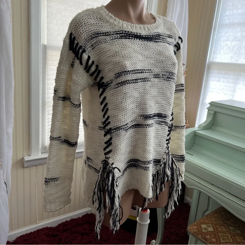 Rebecca Elliot white black fringe sweater